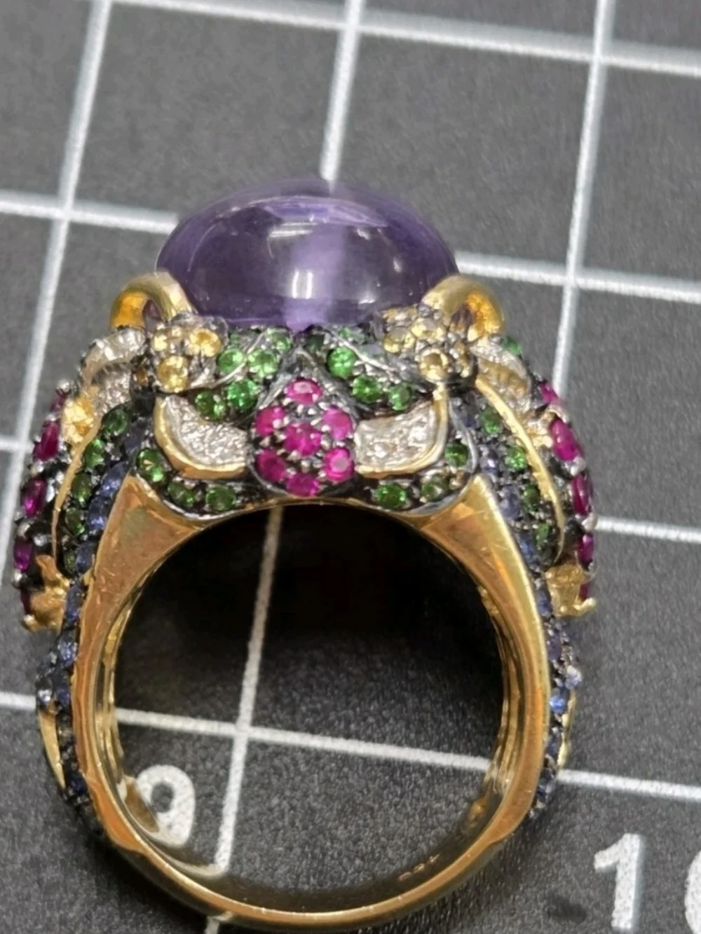 ✨ 18K Yellow Gold Multi-Gemstone & Diamond Ring 💜 Amethyst Cabochon Size 7¼